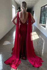 Deep V Neck Prom Dress Mermaid Burgundy Sequined Long Evening Dress with Wateau Train
